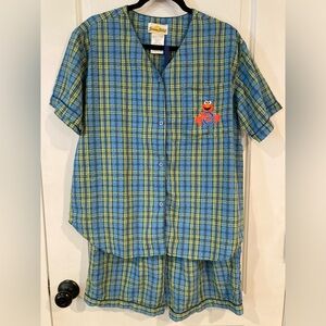 Vintage Sesame Street Elmo Plaid 2 Piece Pajama Set Shirt Shorts Womens Sz Large
